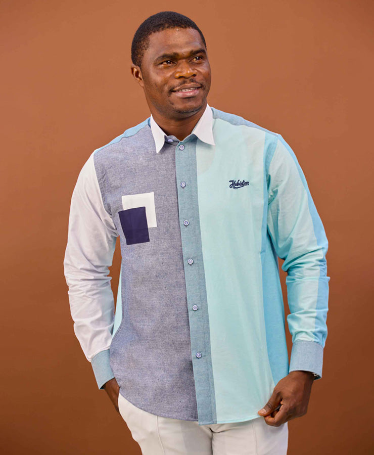 Chemise HABI’DJAN – Bleu Pastel & Contraste Géométrique