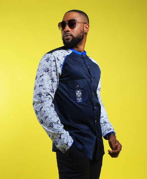 Chemise HABI’DJAN – Bleu Nuit & Manches Imprimées Contrastées