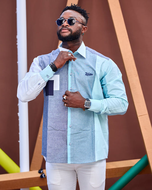 Chemise HABI’DJAN – Bleu Pastel & Contraste Géométrique - Habi'djan