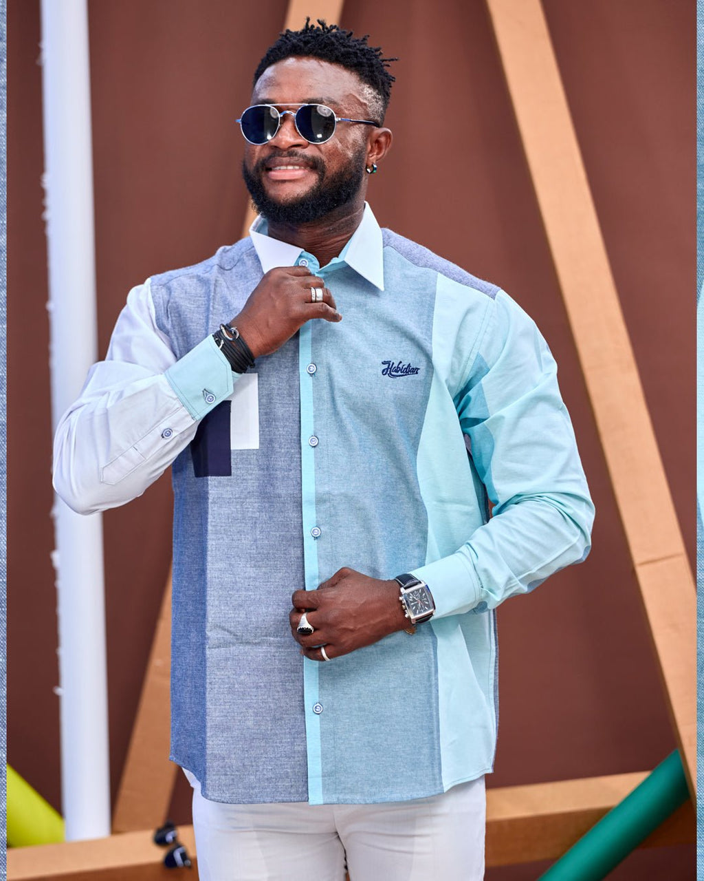 Chemise HABI’DJAN – Bleu Pastel & Contraste Géométrique - Habi'djan