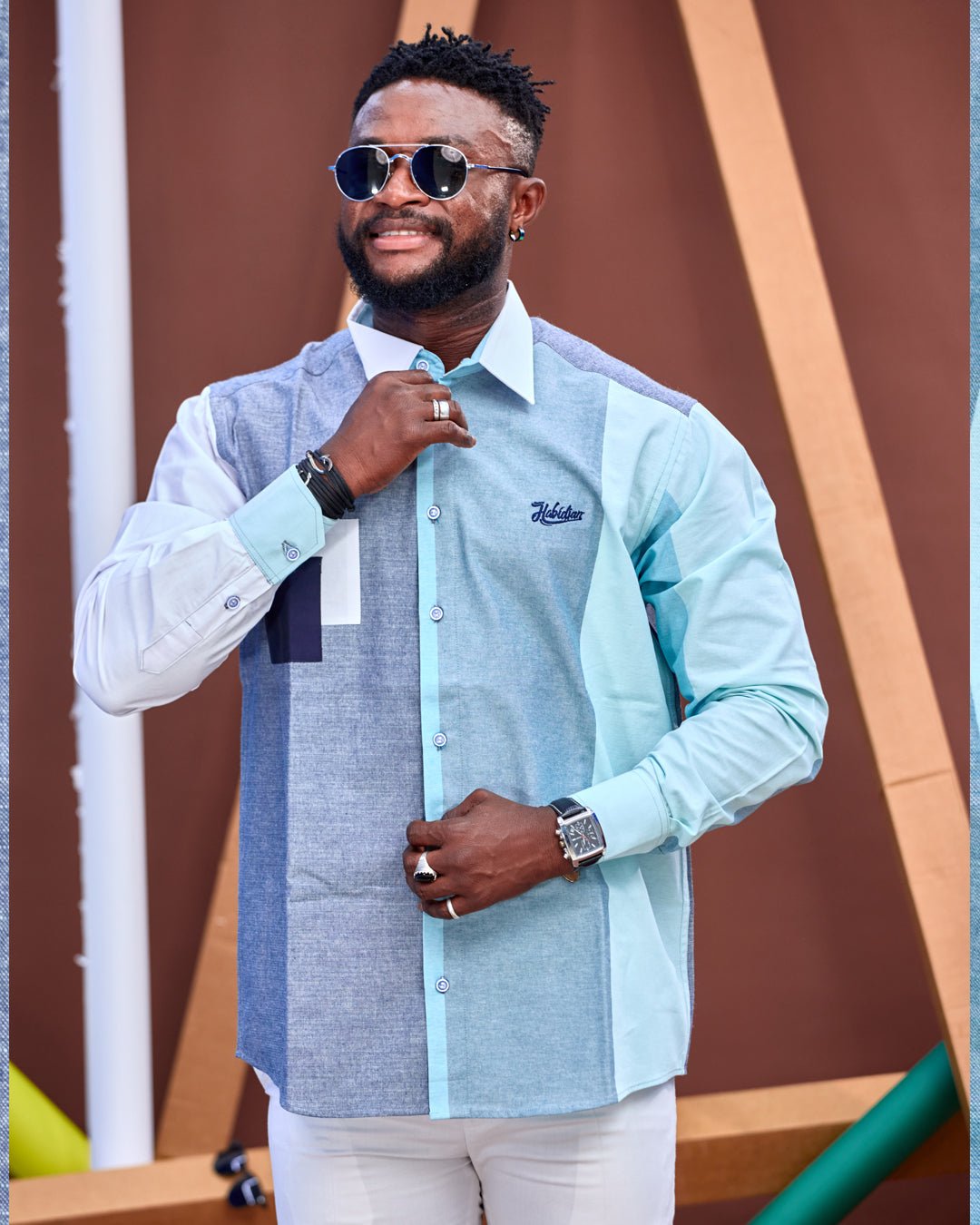 Chemise HABI’DJAN – Bleu Pastel & Contraste Géométrique - Habi'djan