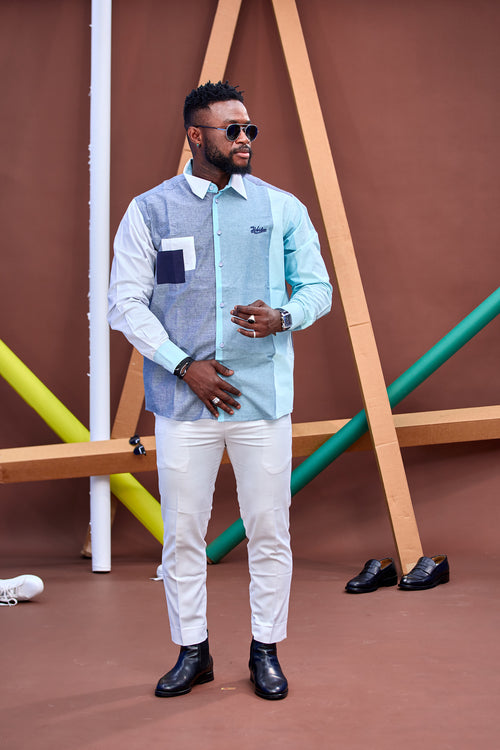 Chemise HABI’DJAN – Bleu Pastel & Contraste Géométrique