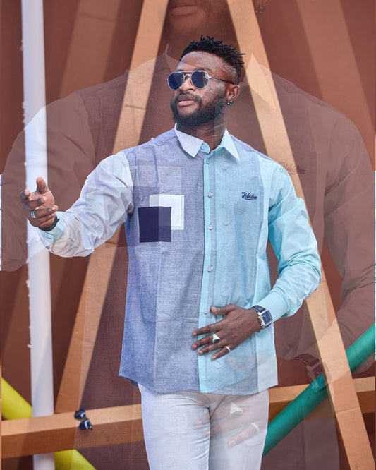 Chemise HABI’DJAN – Bleu Pastel & Contraste Géométrique - Habi'djan