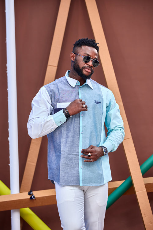 Chemise HABI’DJAN – Bleu Pastel & Contraste Géométrique