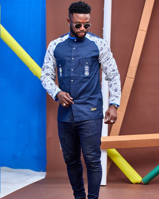Chemise HABI’DJAN – Bleu Nuit & Manches Imprimées Contrastées - Habi'djan