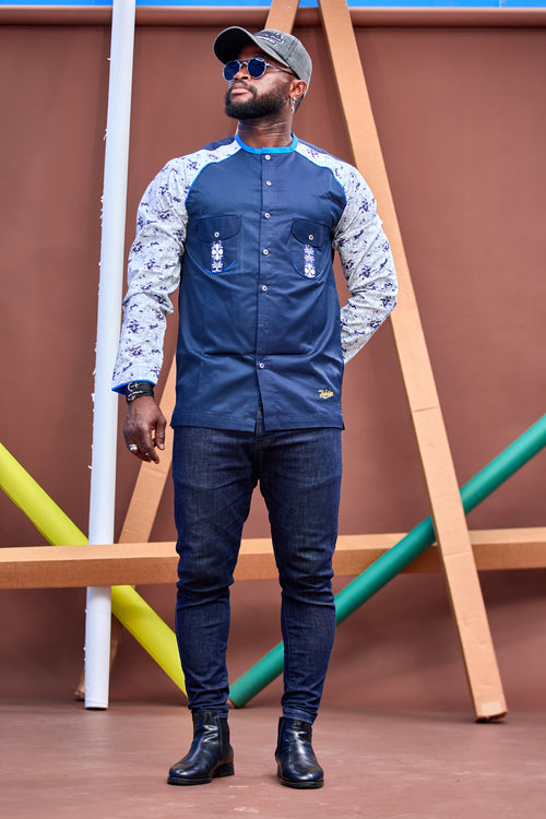 Chemise HABI’DJAN – Bleu Nuit & Manches Imprimées Contrastées